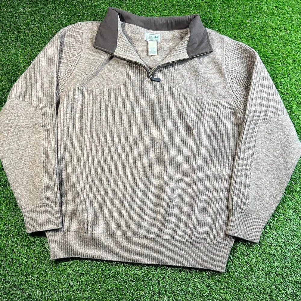 L.L.Bean Waterfowl Sweater Large 100% Merino Lambswool 1/4 Zip Brown Hunting Men